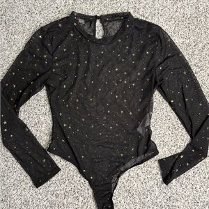 Black Sheer Bodysuit with Gold Star Accents